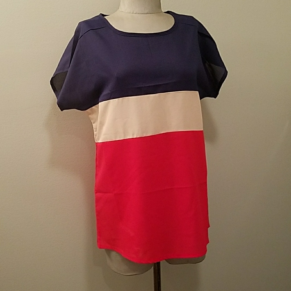 Liva Girl red, blue, ivory top size medium.